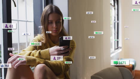 checking smartphone, woman surrounded by social media notifications and follower counts animation