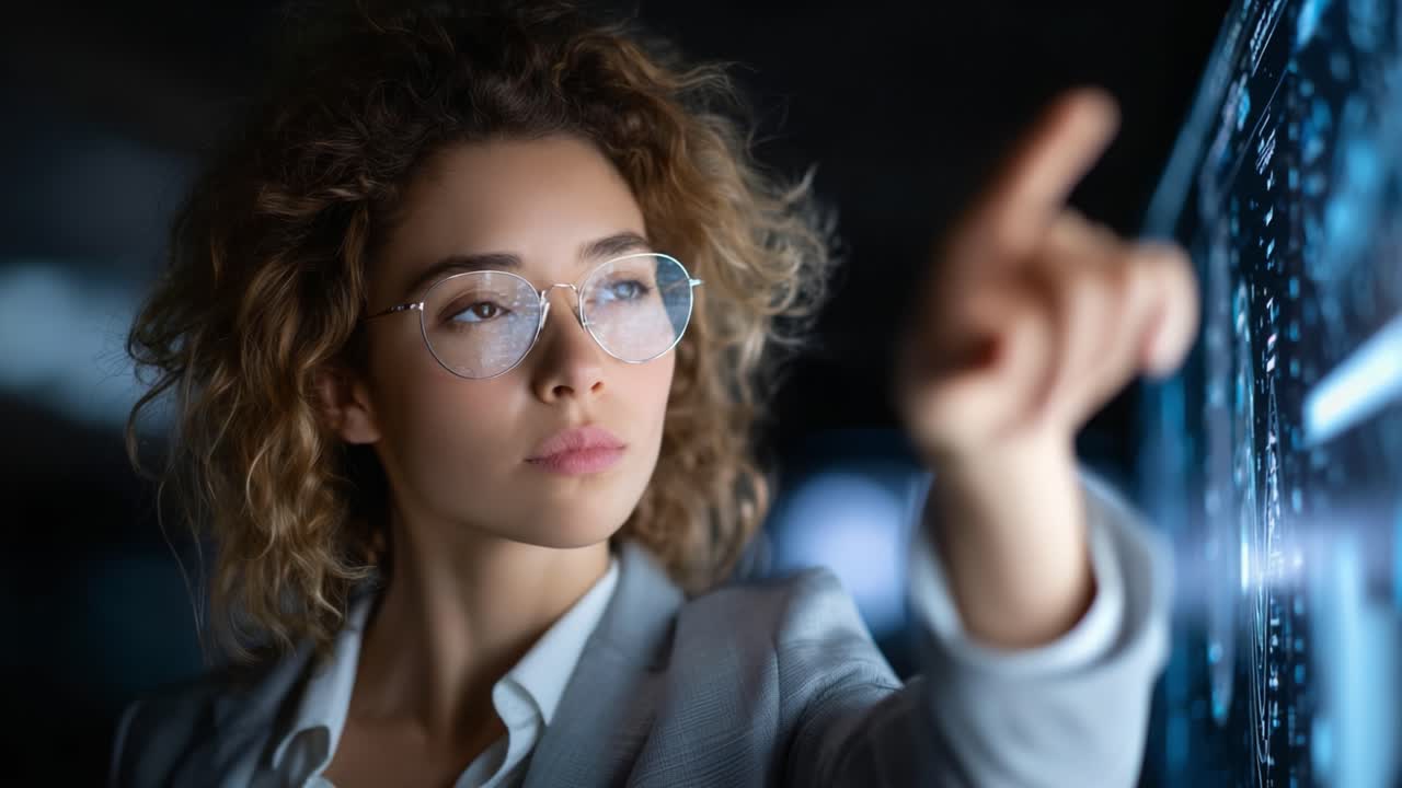 Focused young woman with curly hair wearing glasses, engaging with a digital interface, showcasing concentration and technological interaction in a modern environment