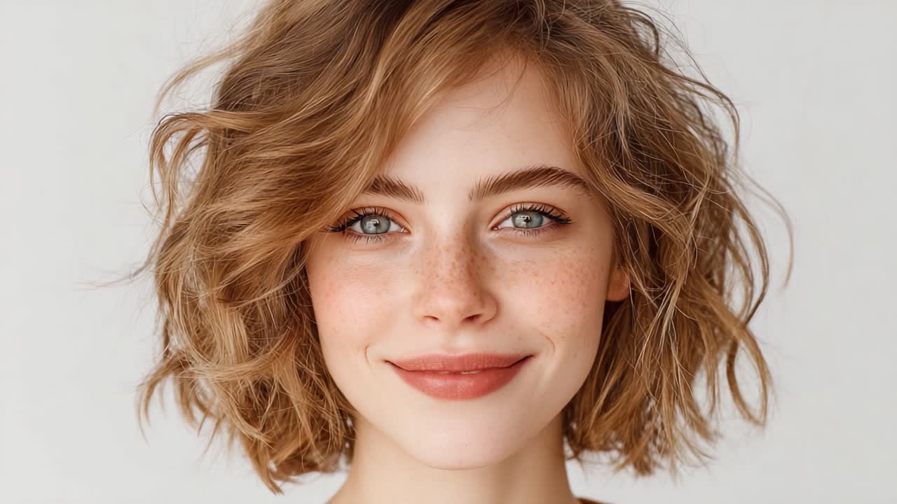 Ritratto accattivante di una giovane donna con capelli ricci e occhi scintillanti, che emana bellezza naturale e sicurezza in un ambiente morbido e minimalista.