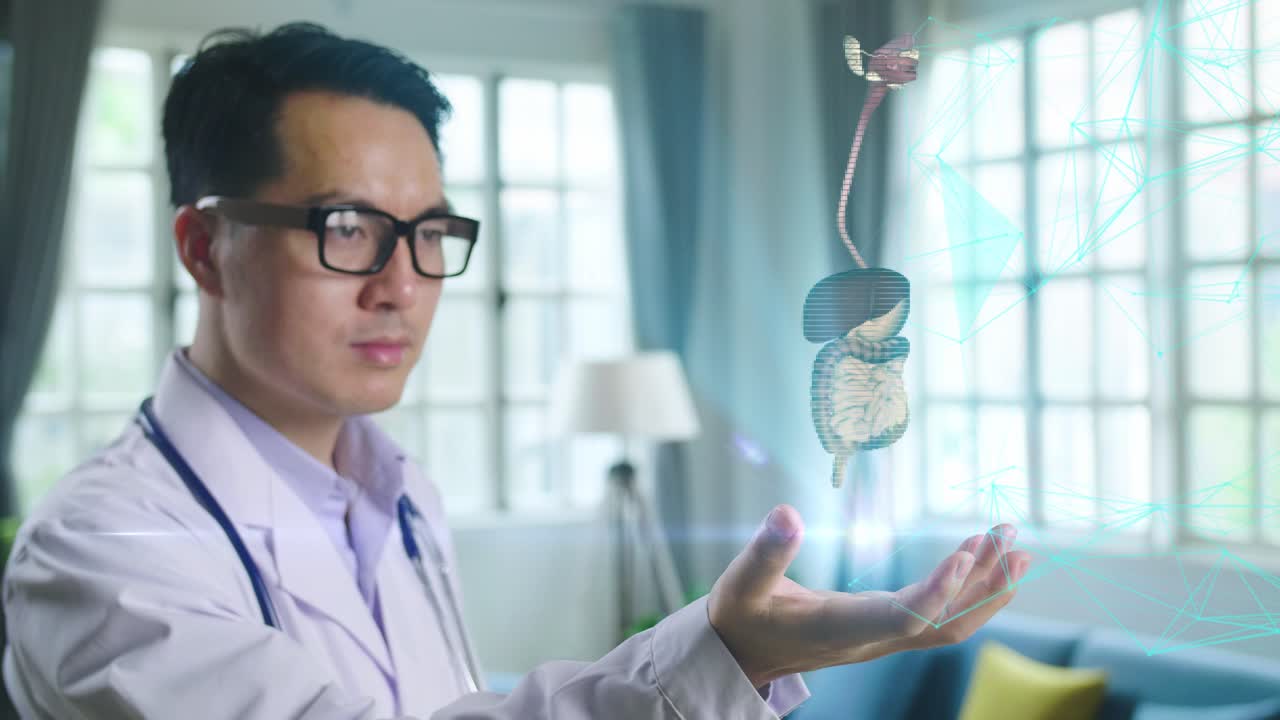 Doctor Examining a Hologram of the Digestive System