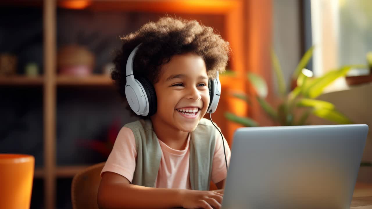 A joyful child wearing headphones, engaged with a laptop. The video captures a warm, cozy atmosphere