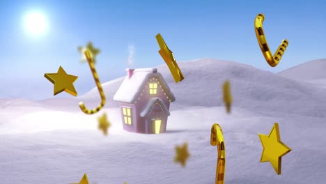 Animación-De-Estrellas-Navideñas-Y-Bastones-De-Caramelo,-Nieve-Y-Casa-En-Un-Paisaje-Invernal