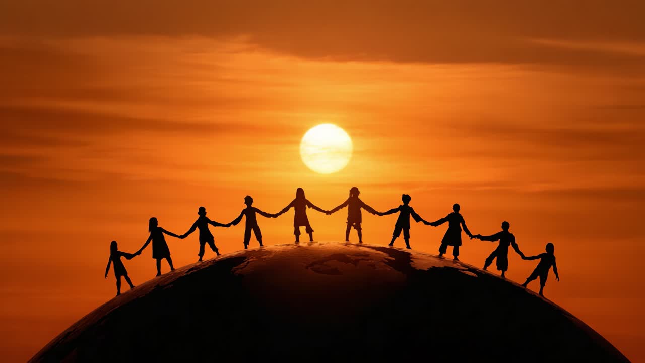 Samhold mot motgang: En gruppe silhuettfigurer holder hender på en globus under en fantastisk solnedgang, som symboliserer samhørighet og håp for fremtiden.