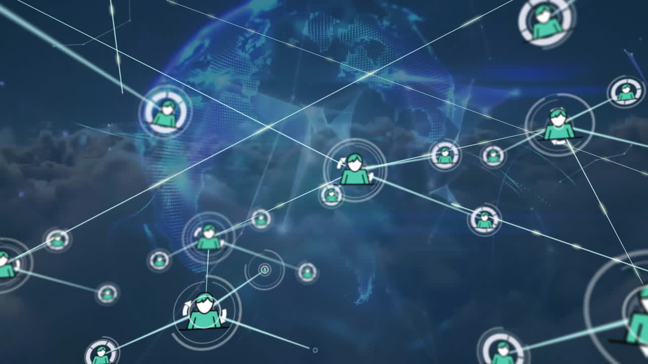 animación de la red de conexiones con iconos sobre formas y nubes