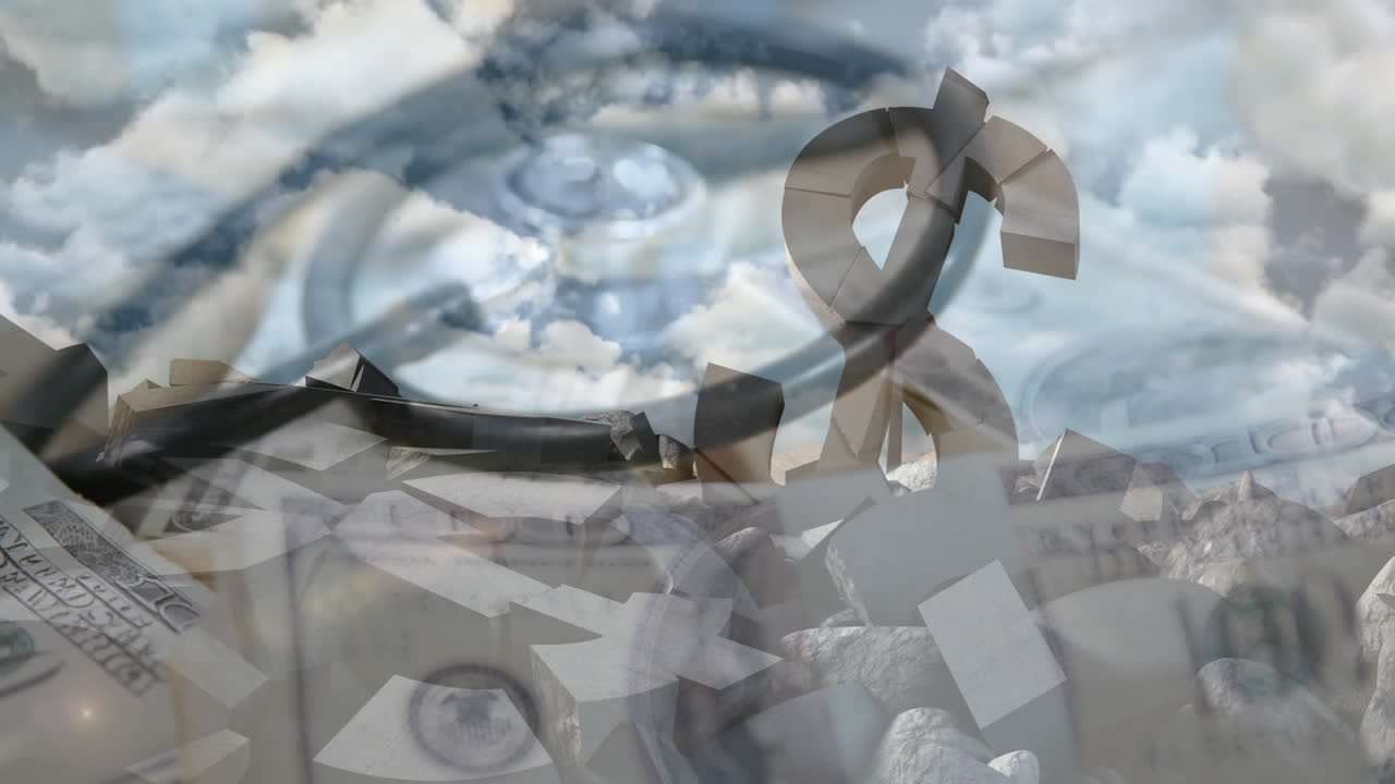 구름진 하늘과 함께 무너지는 미국 달러 기호의 애니메이션 코로나바이러스 코로나19