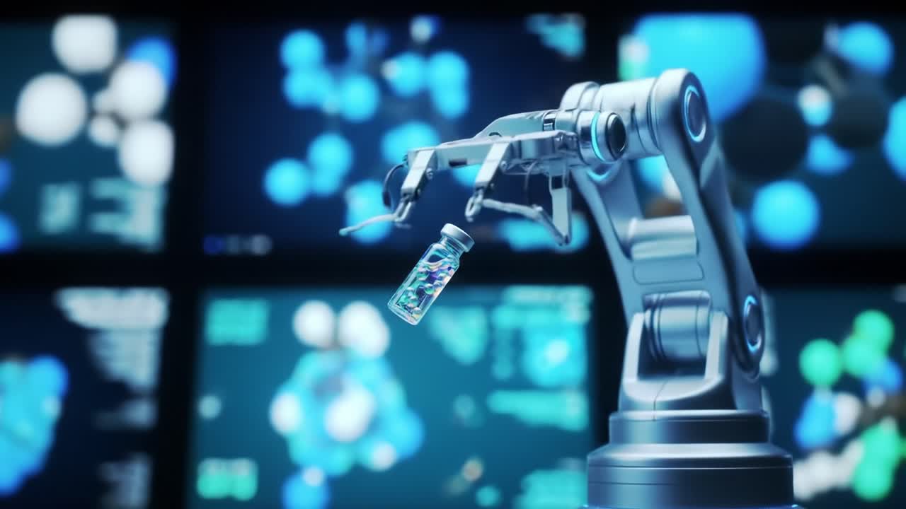 Advanced Robotic Arm Manipulating Laboratory Vial in a High-Tech Scientific Environment, Showcasing Modern Automation and Precision Technology in Action