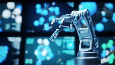 advanced robotic arm manipulating laboratory vial in a high-tech scientific environment, showcasing modern automation and precision technology in action