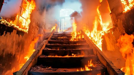 a set of stairs in a building that is engulfed in flames