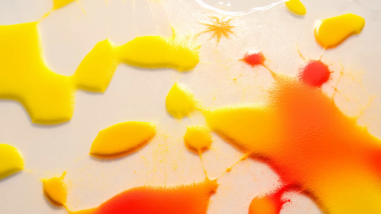Yellow Red Paint Droplets On White Surface Closeup Shows Fluid Pigment Mixing And Glossy Viscous Textures