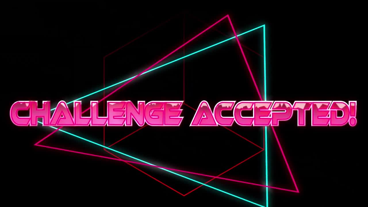 Animation of challenge accepted text in pink metallic letters over neon lines