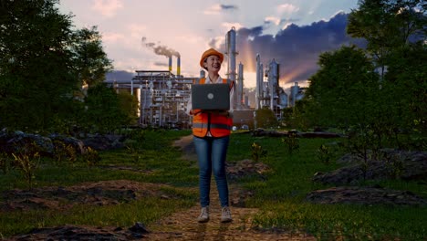 full body of asian female engineer with safety helmet working on a laptop and looking around while standing in front of oil refinery