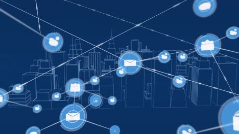 Animation-Eines-Netzwerks-Von-Verbindungen-Mit-Symbolen-über-Dem-Stadtbild