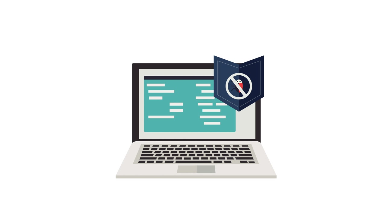 Schermo di laptop che mostra dati con scudo di protezione dai bug