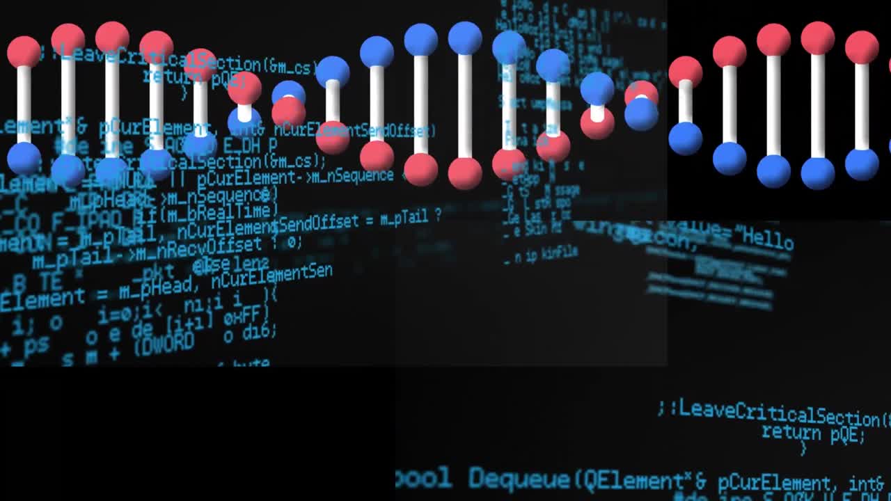 animación del procesamiento de datos sobre la cadena de adn sobre fondo negro