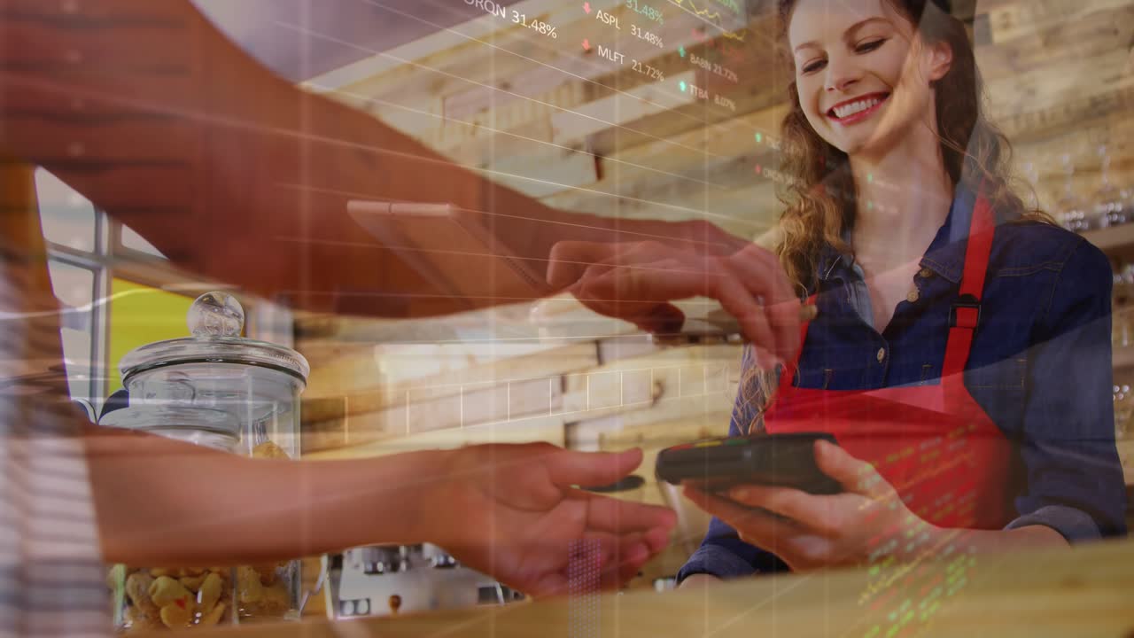Animazione dell'elaborazione di dati finanziari su persone che usano smartphone e terminali di pagamento