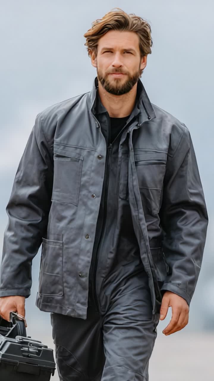 Uomo sicuro di sé in abbigliamento pratico che cammina portando una cassetta degli attrezzi, che trasuda determinazione e preparazione per qualsiasi compito futuro, perfetto per un ambiente di lavoro o un'avventura di tutti i giorni