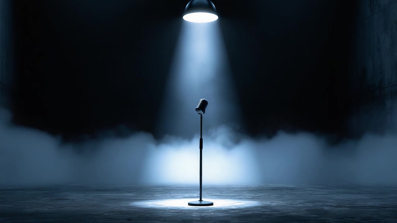 Un microfono solitario si erge sotto un riflettore, circondato da una foschia eterea, evocando un senso di attesa e drammaticità in uno spazio scenico vuoto.