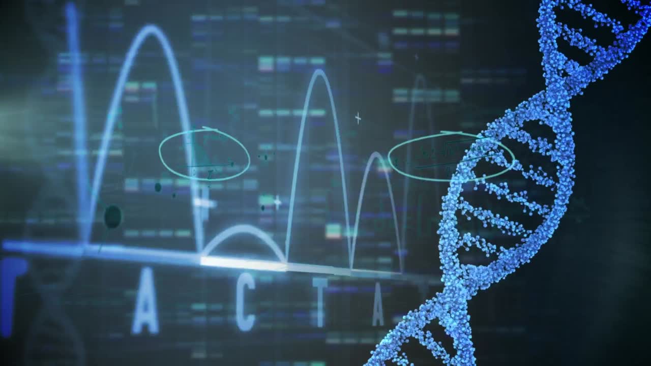 Animation of data processing and dna strand over black background