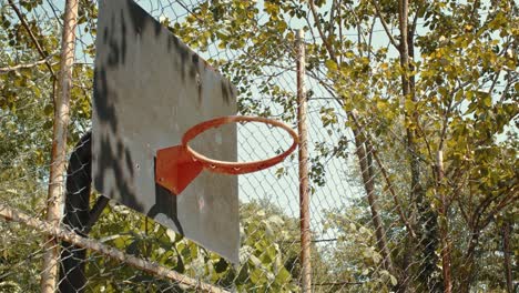orange ball going through the round hoop basket with steel backboard of basketball in slowmo