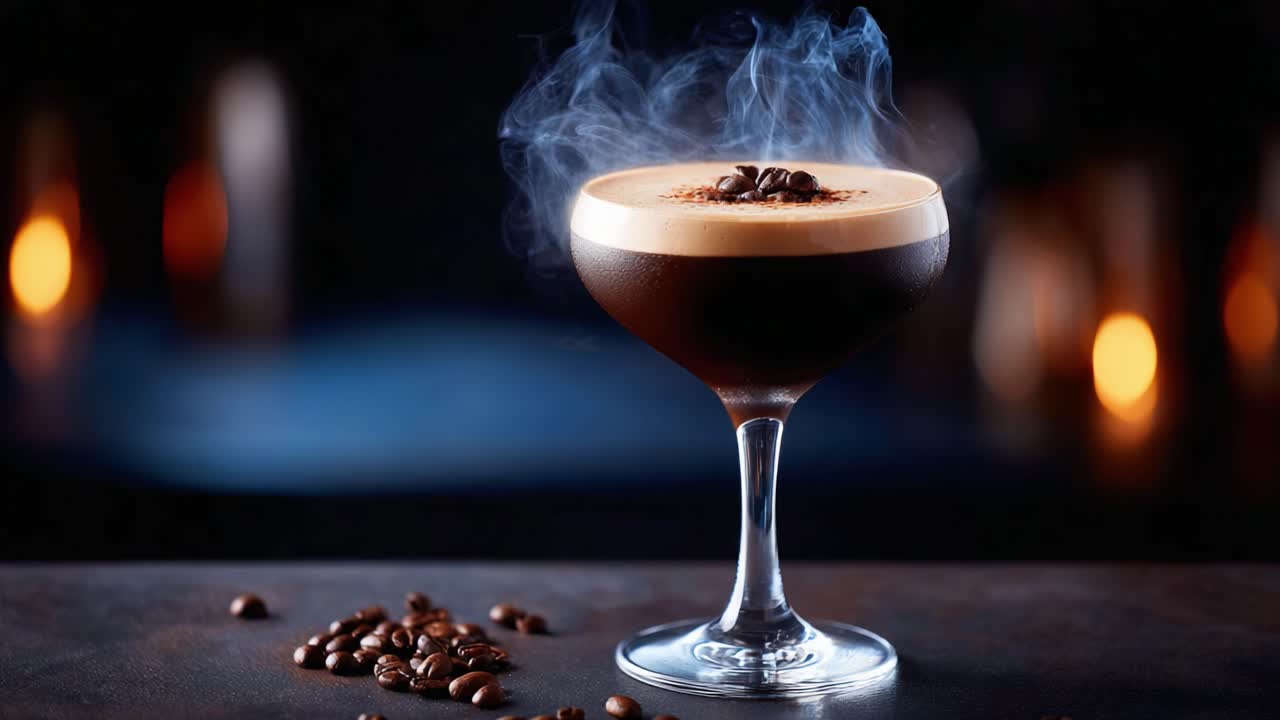 A captivating cocktail showcasing a rich espresso blend with a smoky allure, garnished with coffee beans and served in an elegant glass at a dimly lit venue