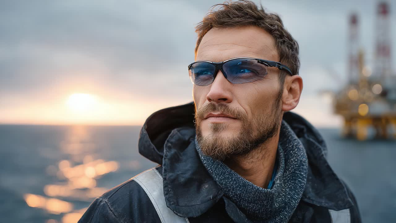A thoughtful man gazes into the horizon at sunset, dressed for the outdoors, embodying a spirit of exploration and resilience by the water's edge near an oil rig