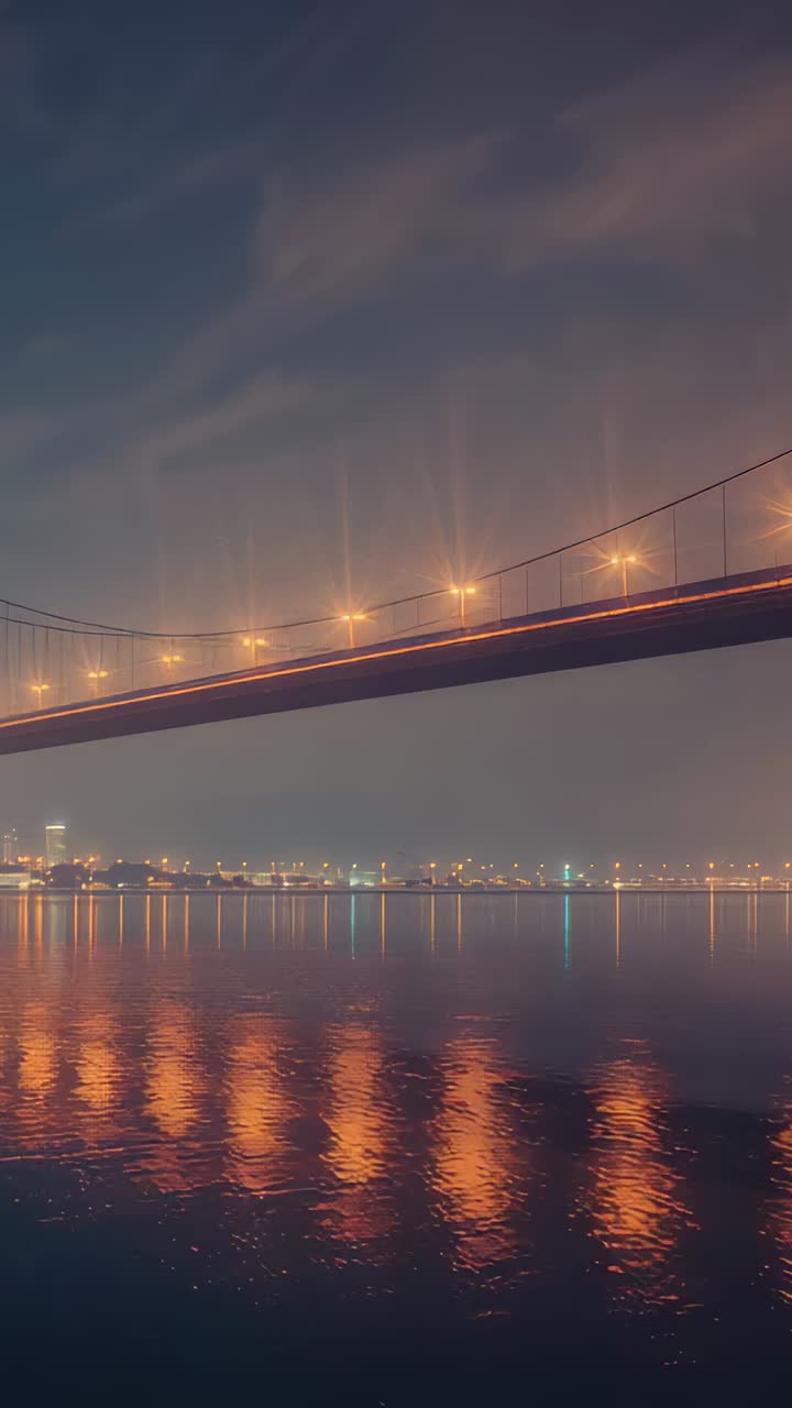 Vertical video: Drifting clouds making bridge deck lights flickering, reflecting on river at night