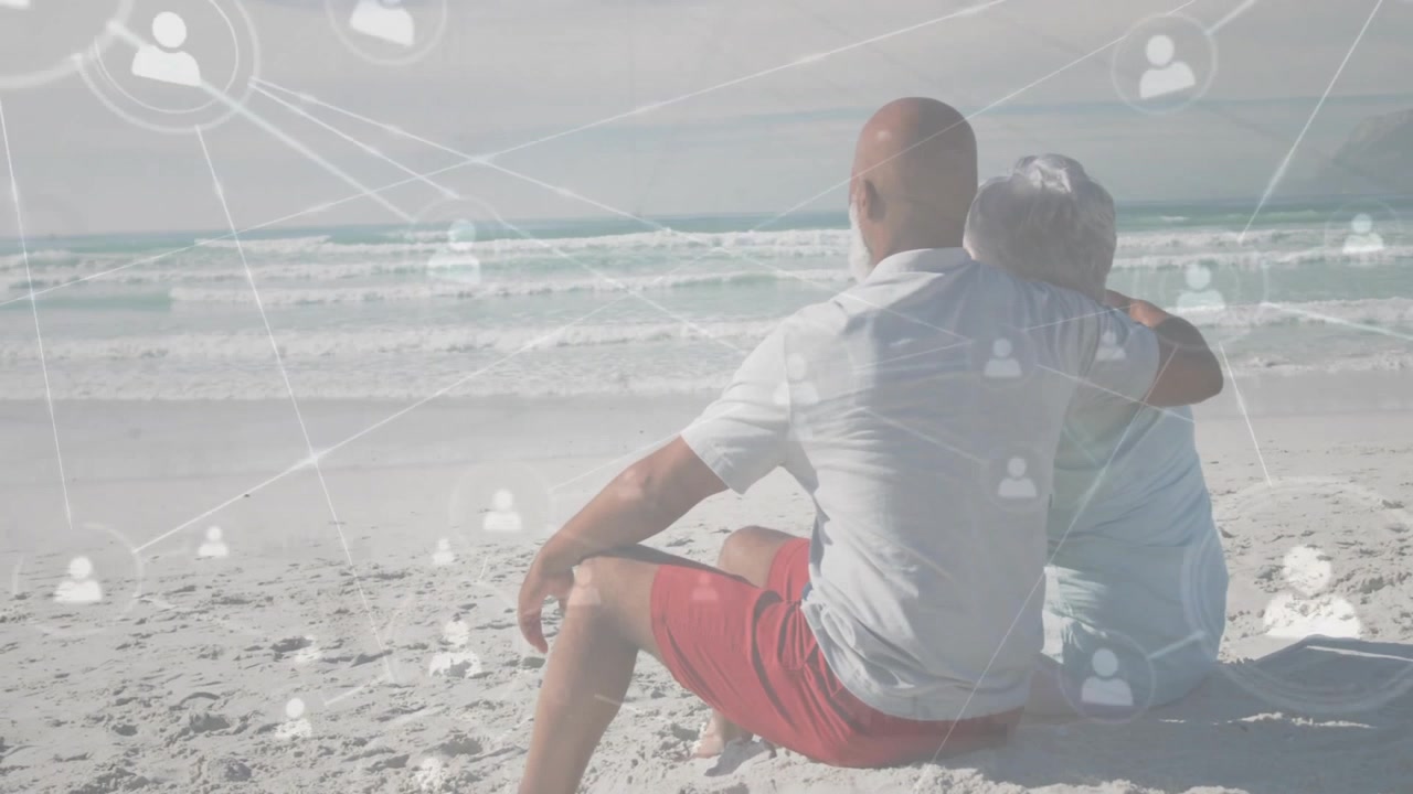 Couple hugging and gazing at waves on sandy beach, showcasing floating user icon network in tech