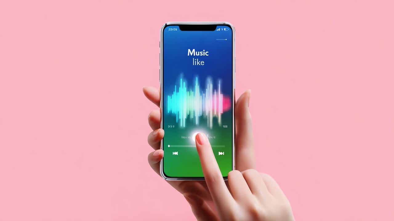 Primo piano di uno smartphone che mostra un'interfaccia vivace di un lettore musicale con visualizzazioni di forme d'onda audio, evidenziando l'interazione di un dito che tocca lo schermo in un ambiente colorato.