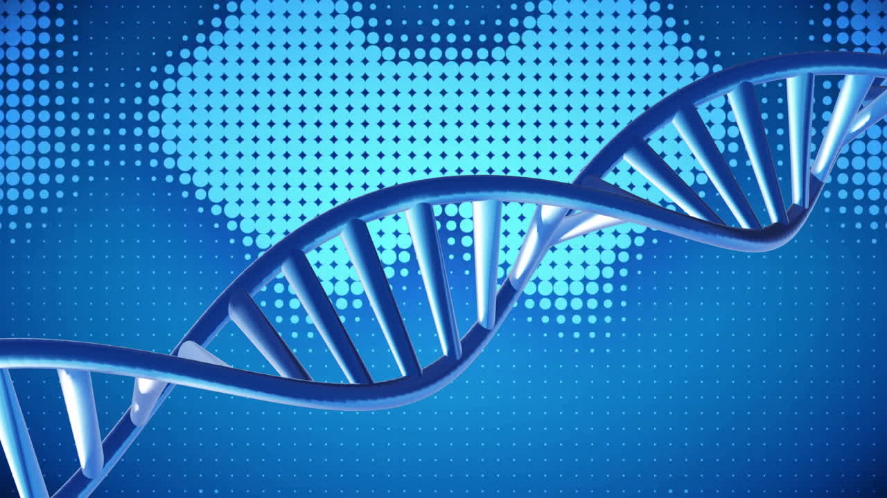animación de cadenas de adn que giran con rastros de luz brillante sobre un fondo oscuro