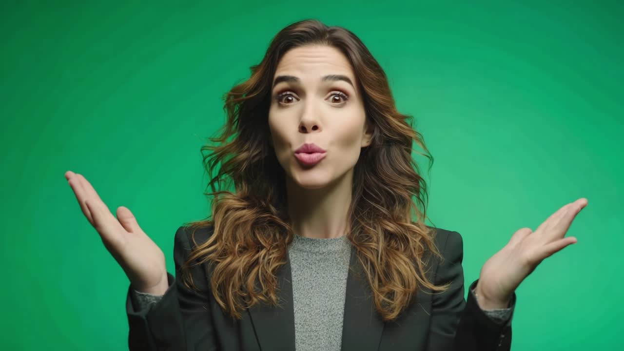 An Engaging Transformation: A Woman's Expression Changes from Enthusiastic to Thoughtful Against a Green Background in a Captivating Video Sequence