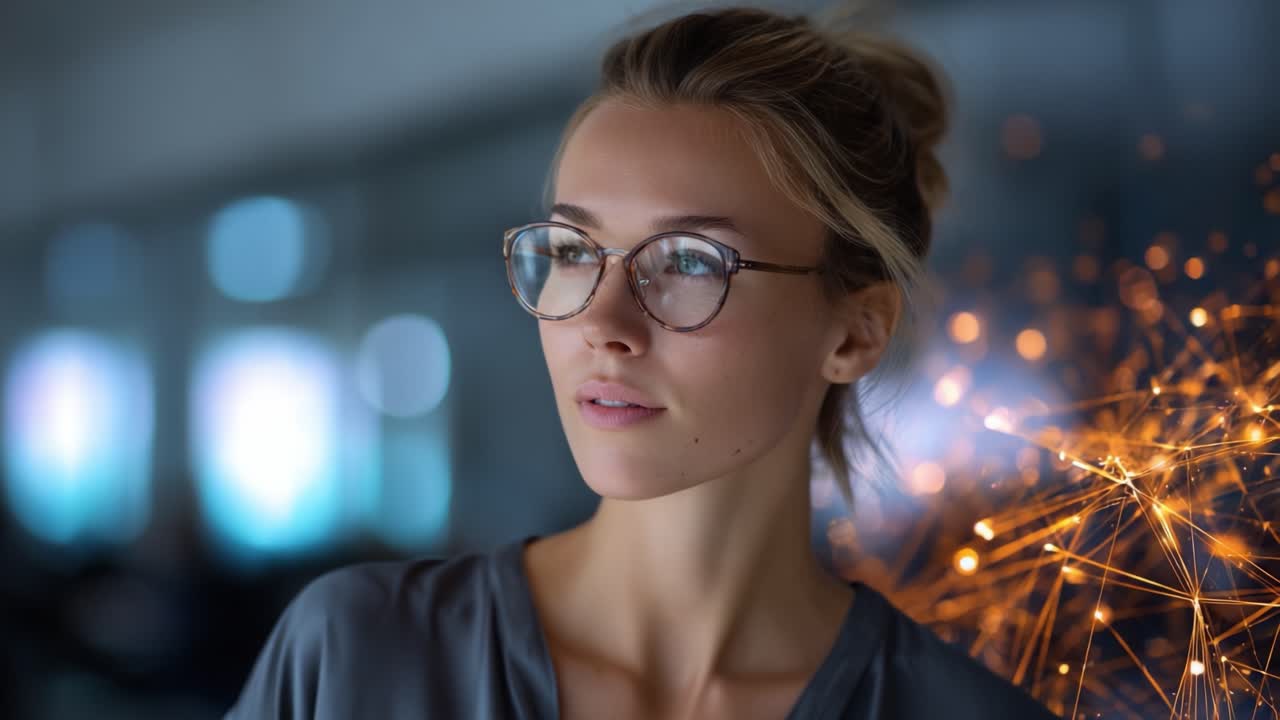 Giovane donna con gli occhiali guarda pensierosa di lato con uno sfondo di luci astratte, a simboleggiare ispirazione e creatività in un ambiente moderno