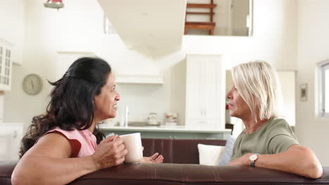 Angry-diverse-senior-women-arguing-on-sofa-in-sunny-living-room,-slow-motion