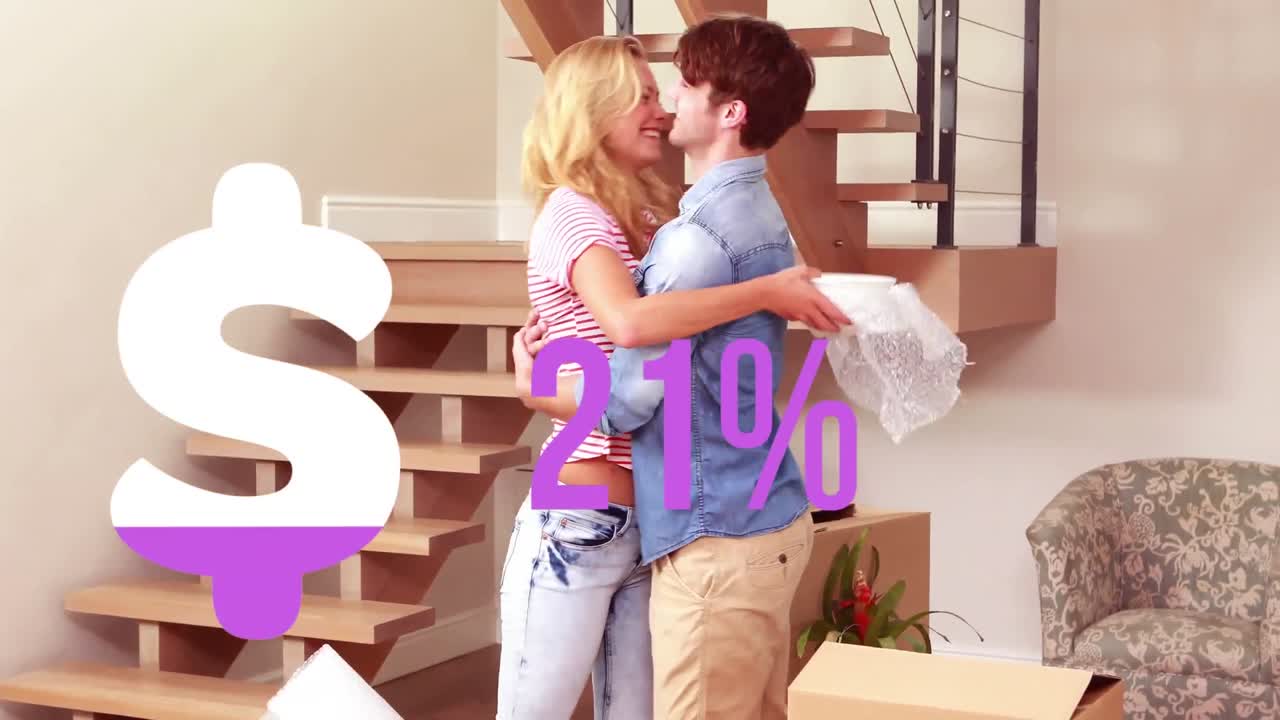 animación del icono del dólar llenando rosa y aumentando el porcentaje, más de una pareja feliz desempaquetando abrazándose