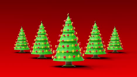 animación de árboles de navidad girando sobre un fondo rojo.
