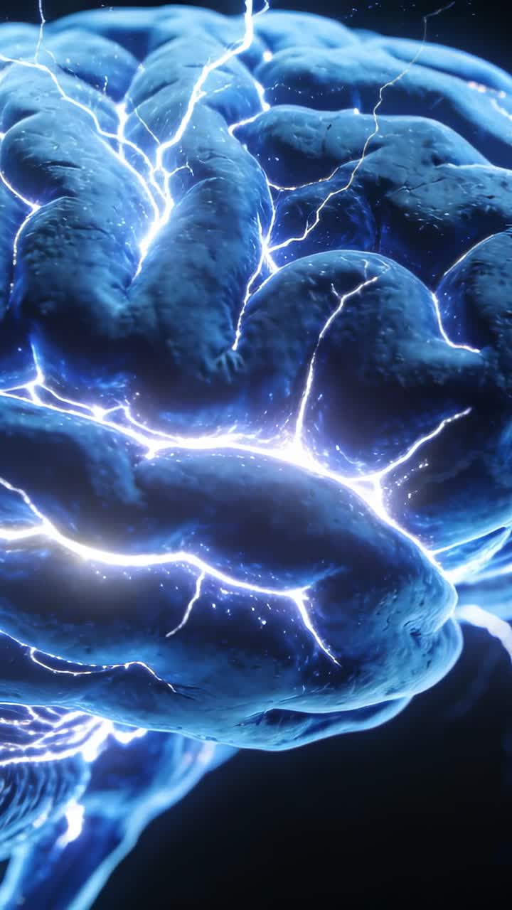 Vertical video: 3D brain pulsing as surge crossing fold sparking and showing neural maps for health