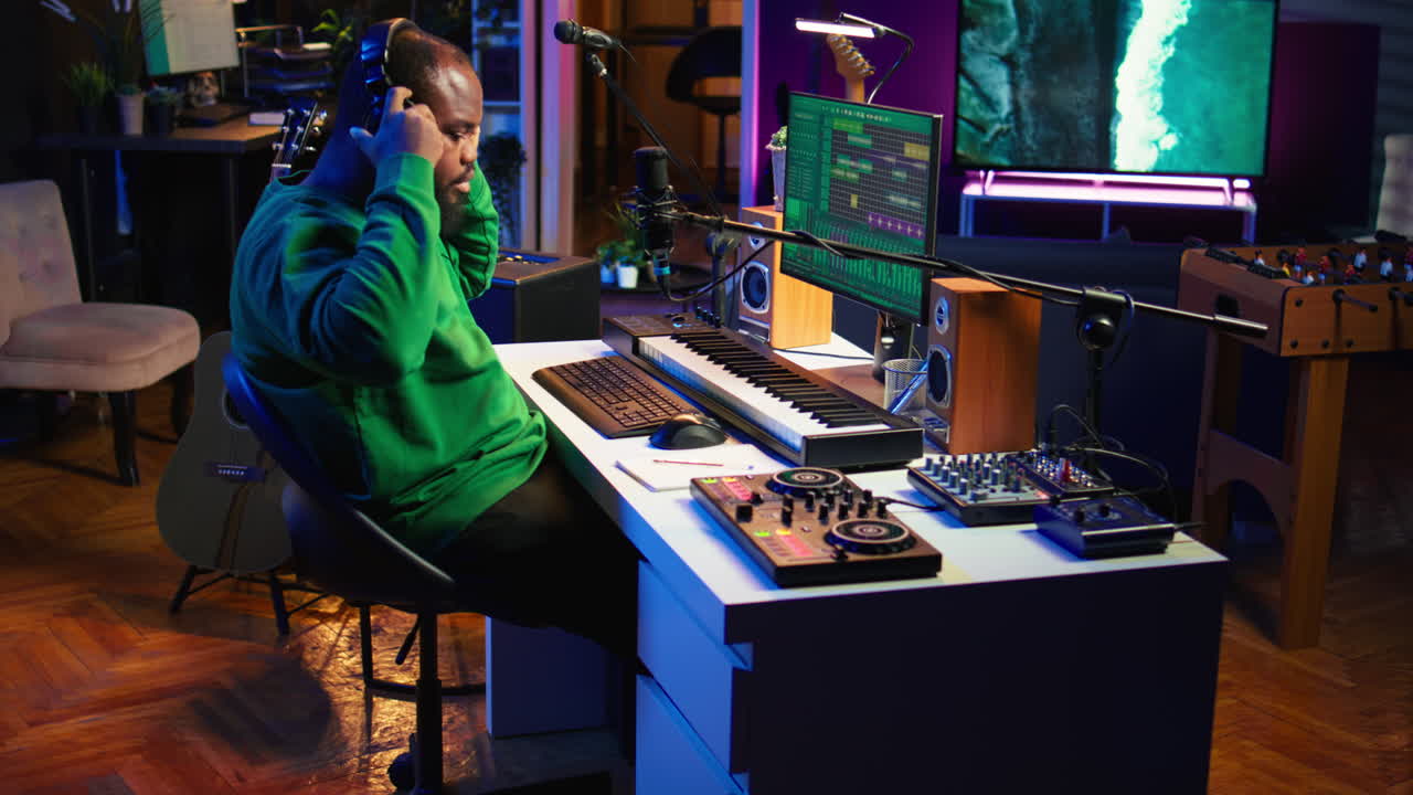 artista compositor grabando una nueva pista en su micrófono de estudio en casa