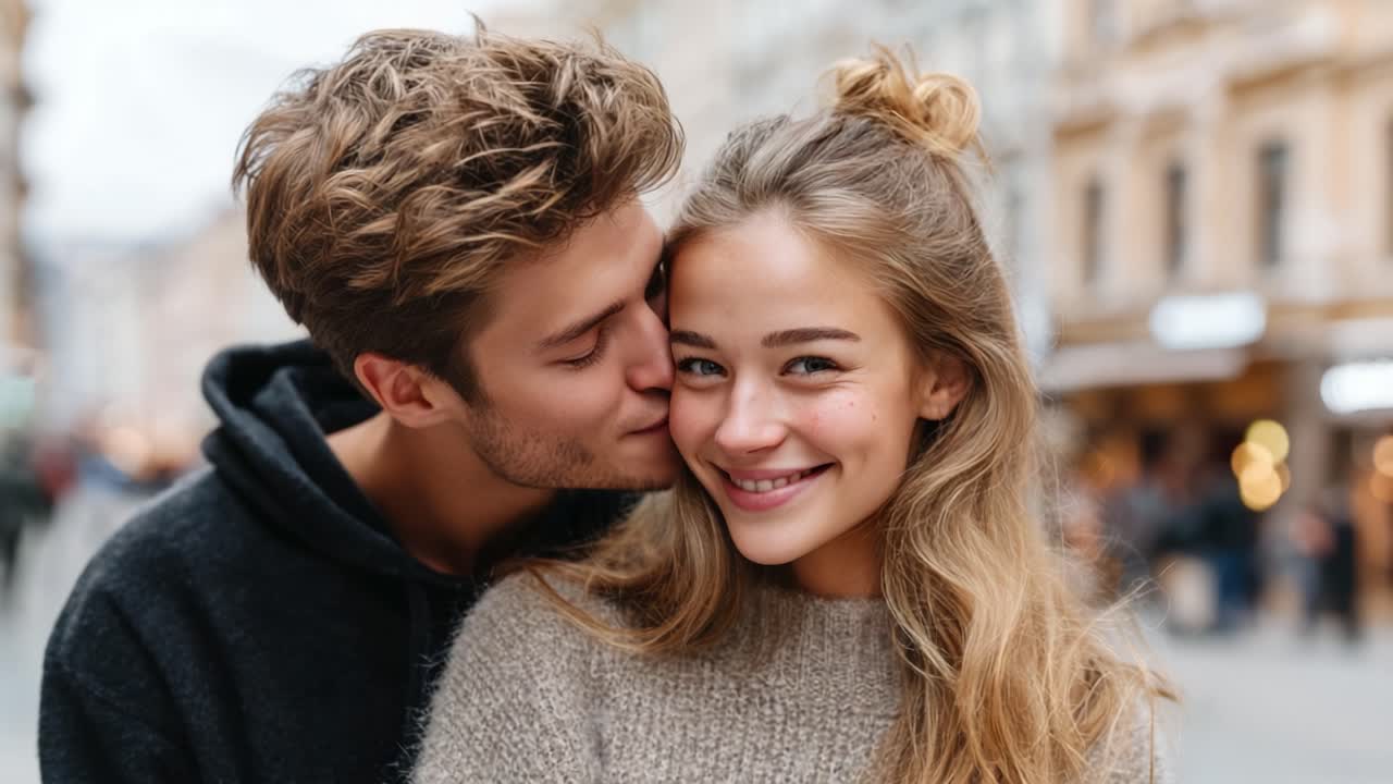 A Romantic Moment Captured: A Couple Enjoying Their Time Together with Smiles and Affection in a Vibrant City Setting, Reflecting True Joy and Connection
