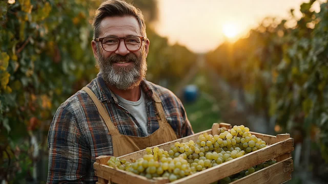 A Dedicated Vineyard Worker Smiling Amidst Lush Grapevines as the Sun Sets, Representing the Labor and Passion Behind Grape Harvesting and Winemaking