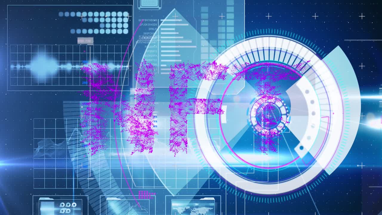 스캔 스과 파란색 배경 위의 nft 텍스트를 가진 디지털 인터페이스의 애니메이션