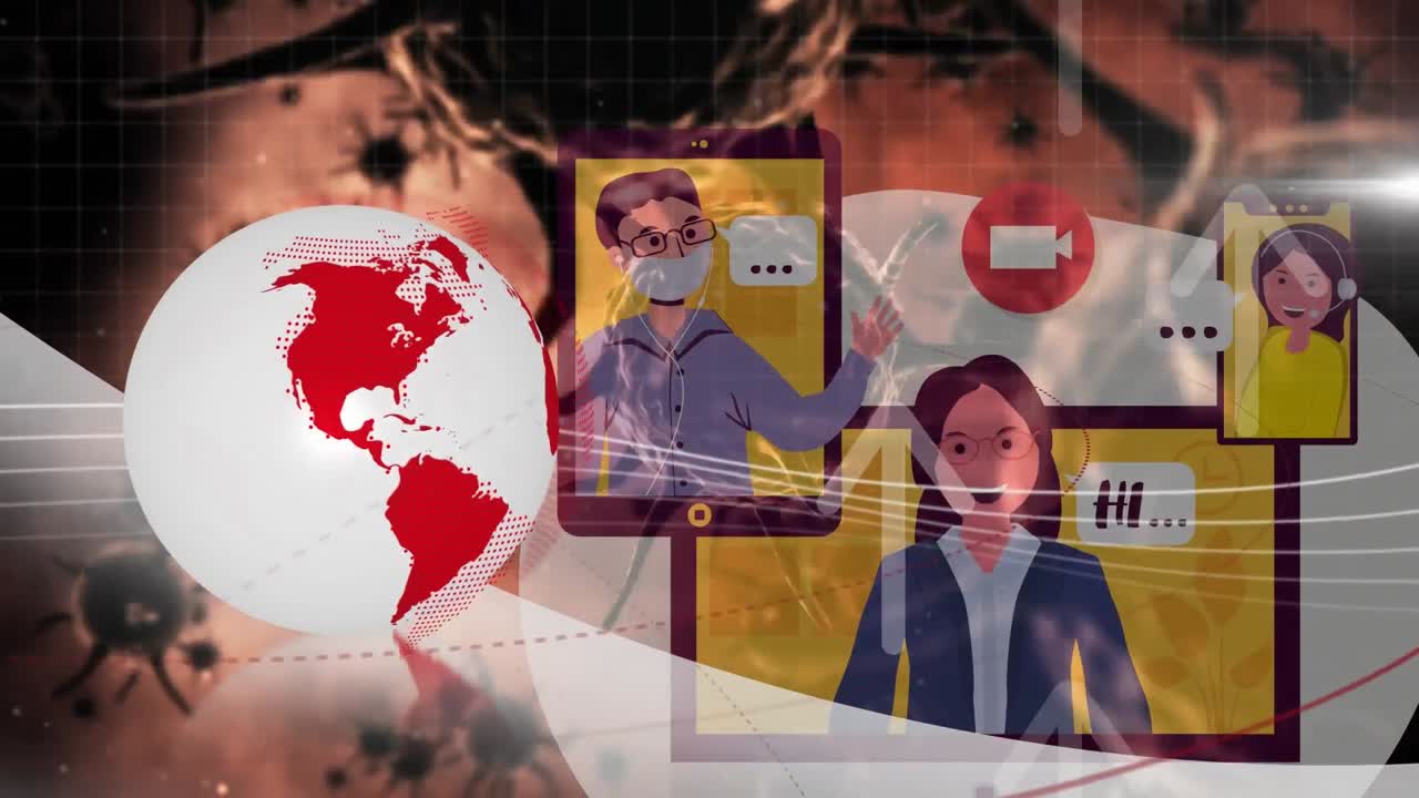 animación del globo con red de conexiones sobre personas que usan portátiles.