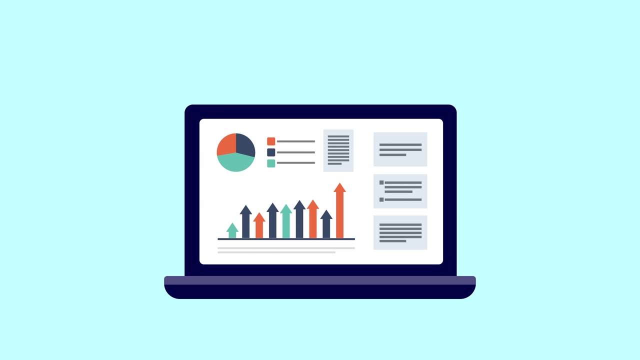 Laptop animato che mostra grafici e dati aziendali in crescita.