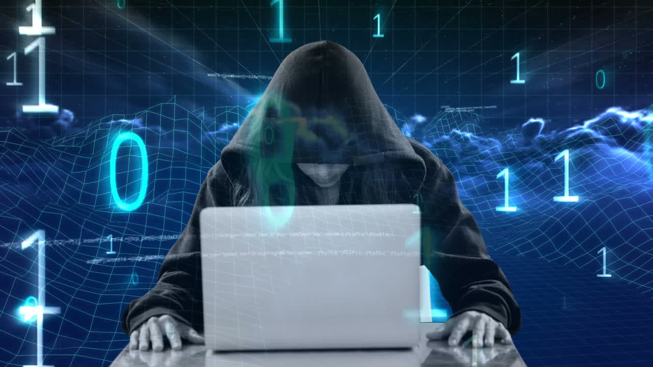 Animacja cyfrowa hakera w kapturze używającego laptopa 4k