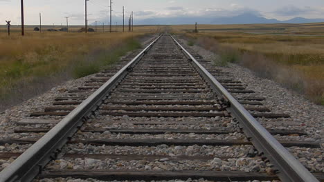 railroad tracks stretch across a grassy plain into the horizons