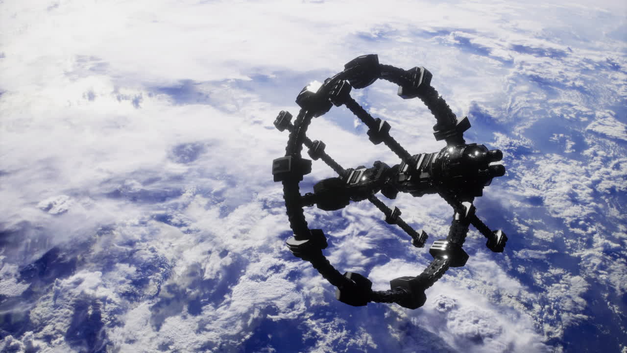 Space station orbiting planet earth in vast universe at twilight