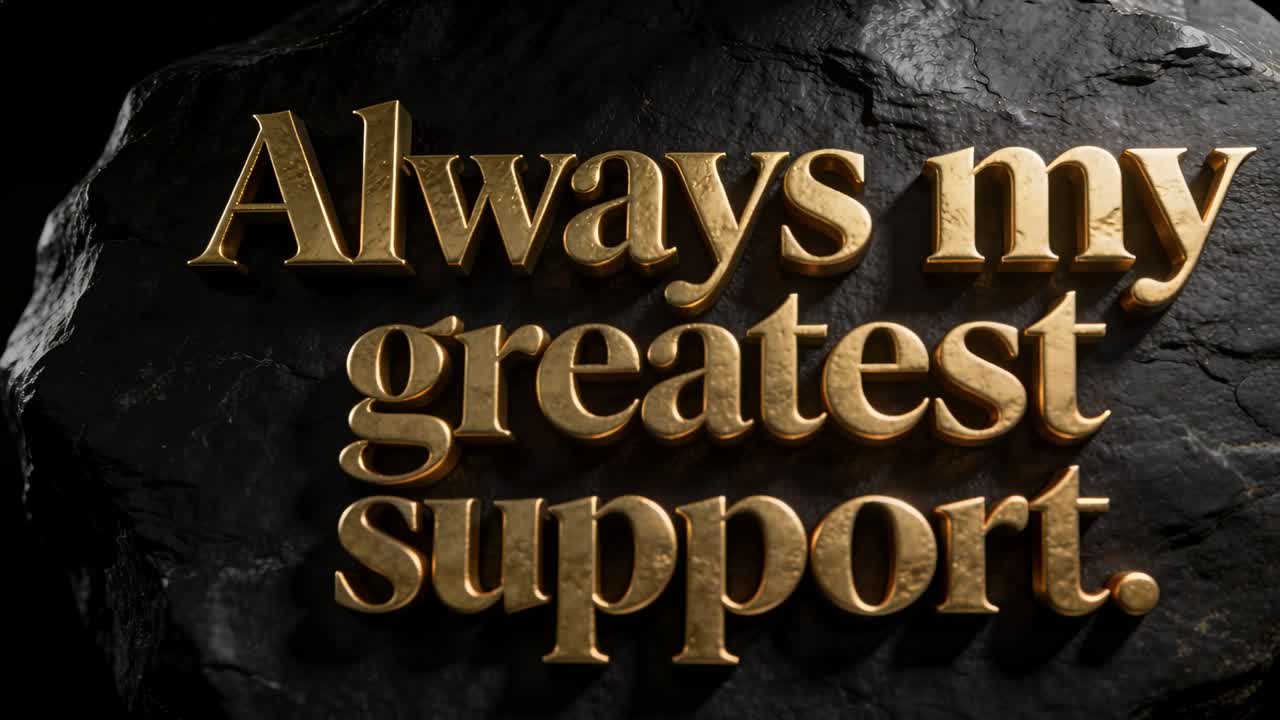 Camera nudging, upper-left light sweeping, revealing gold serif text on stone, enhancing branding