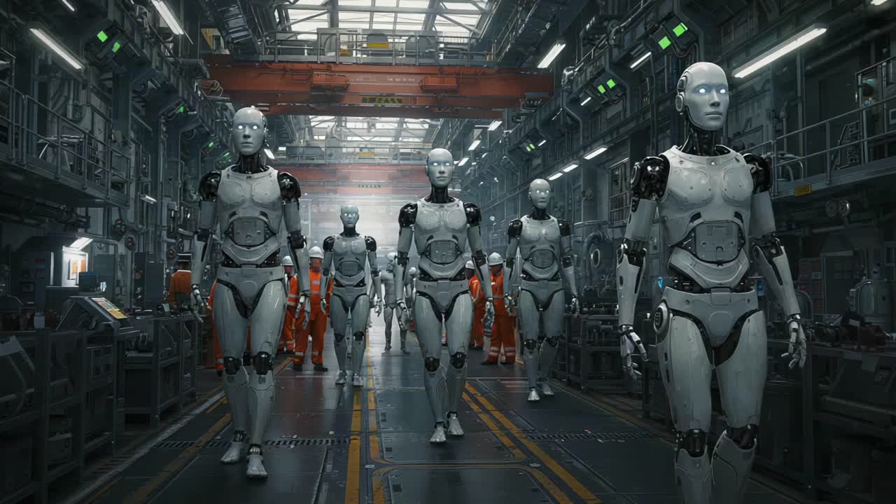 In a futuristic assembly line, humanoid robots march confidently alongside workers, embodying the convergence of technology and industry in a high-tech environment