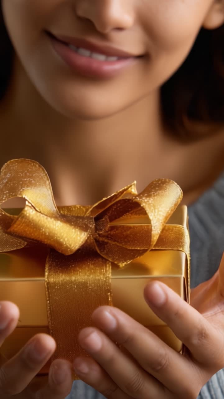 Momenti gioiosi di doni: La gioia di una donna mentre tiene in mano un regalo dorato splendidamente incartato con un fiocco lucido, catturando l'essenza della celebrazione e della sorpresa