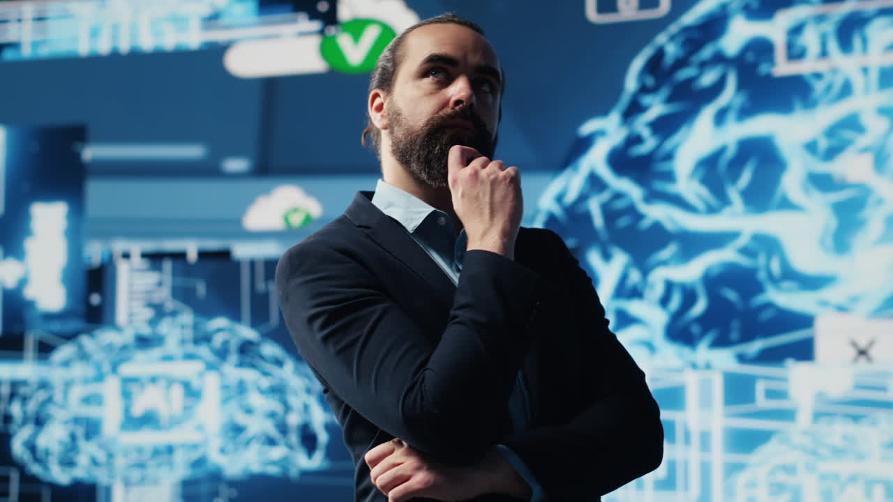 Tech savvy businessman employing AI brain data visualization