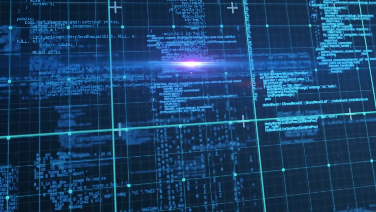 Animation of light trails over data processing on black background