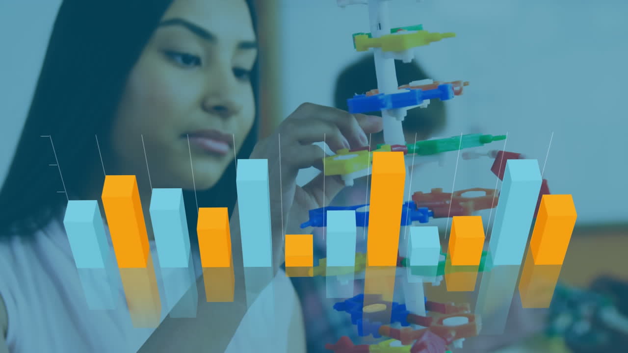 procesamiento de datos estadísticos contra una maestra tocando el modelo de estructura de adn en el laboratorio
